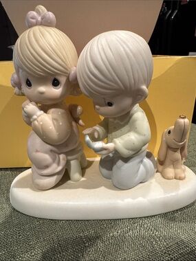Precious Moments Pastel Boy and Girl with Puppy Figurine- “ With This Ring I “.